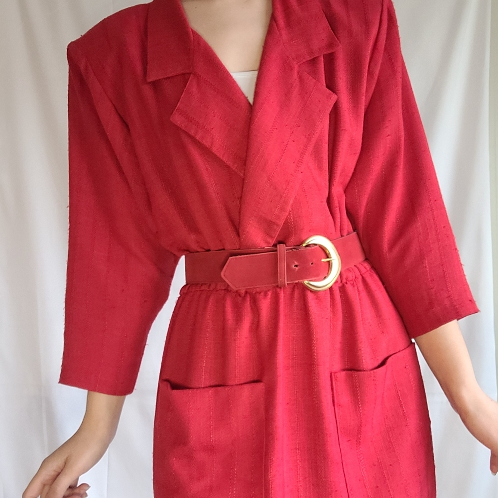 Vintage Red Belted Secretary Midi Dress - Picture 5 of 13